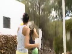 Five naked pornstars getting wet outside