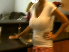 Big tits blonde wife gets filmed masturbating in the kitchen